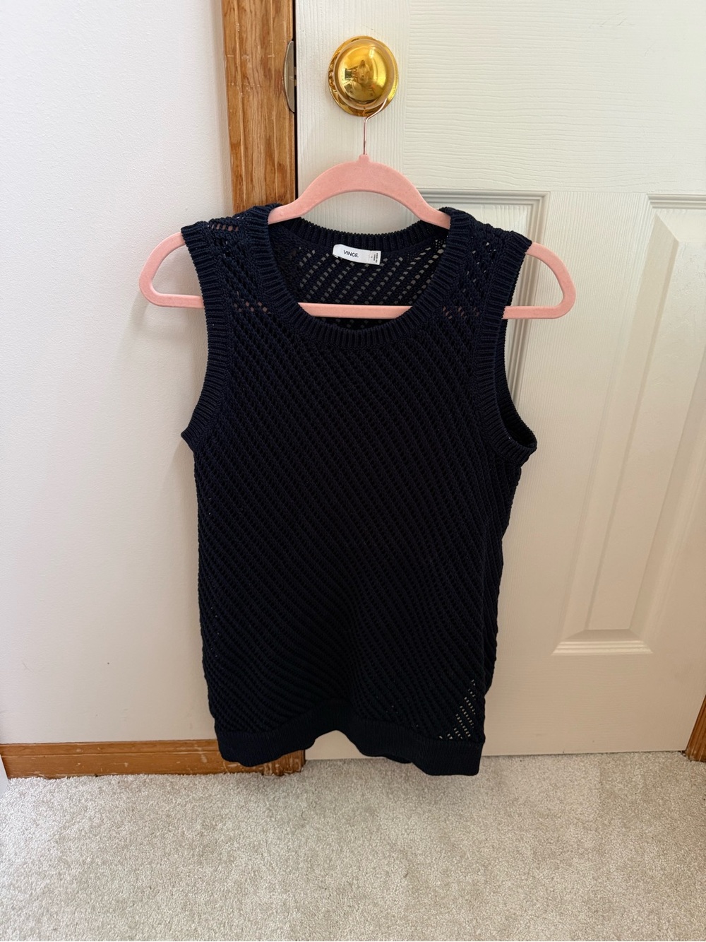 Vince Navy Open-Knit Sleeveless Tank
